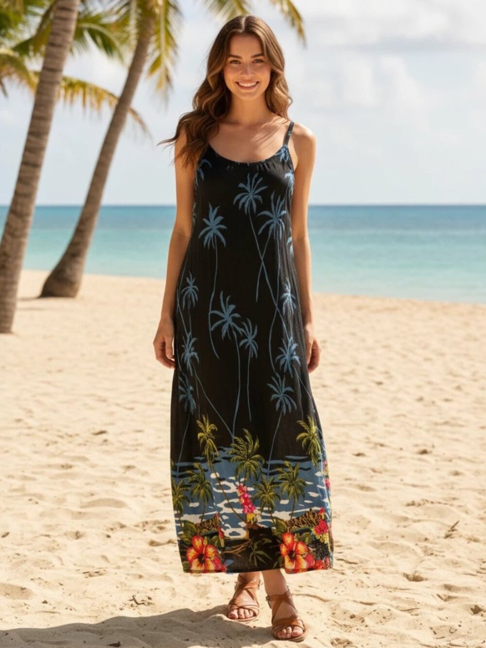 Tropical Maxi Dress Colorful Print w Sequins Size M NWT